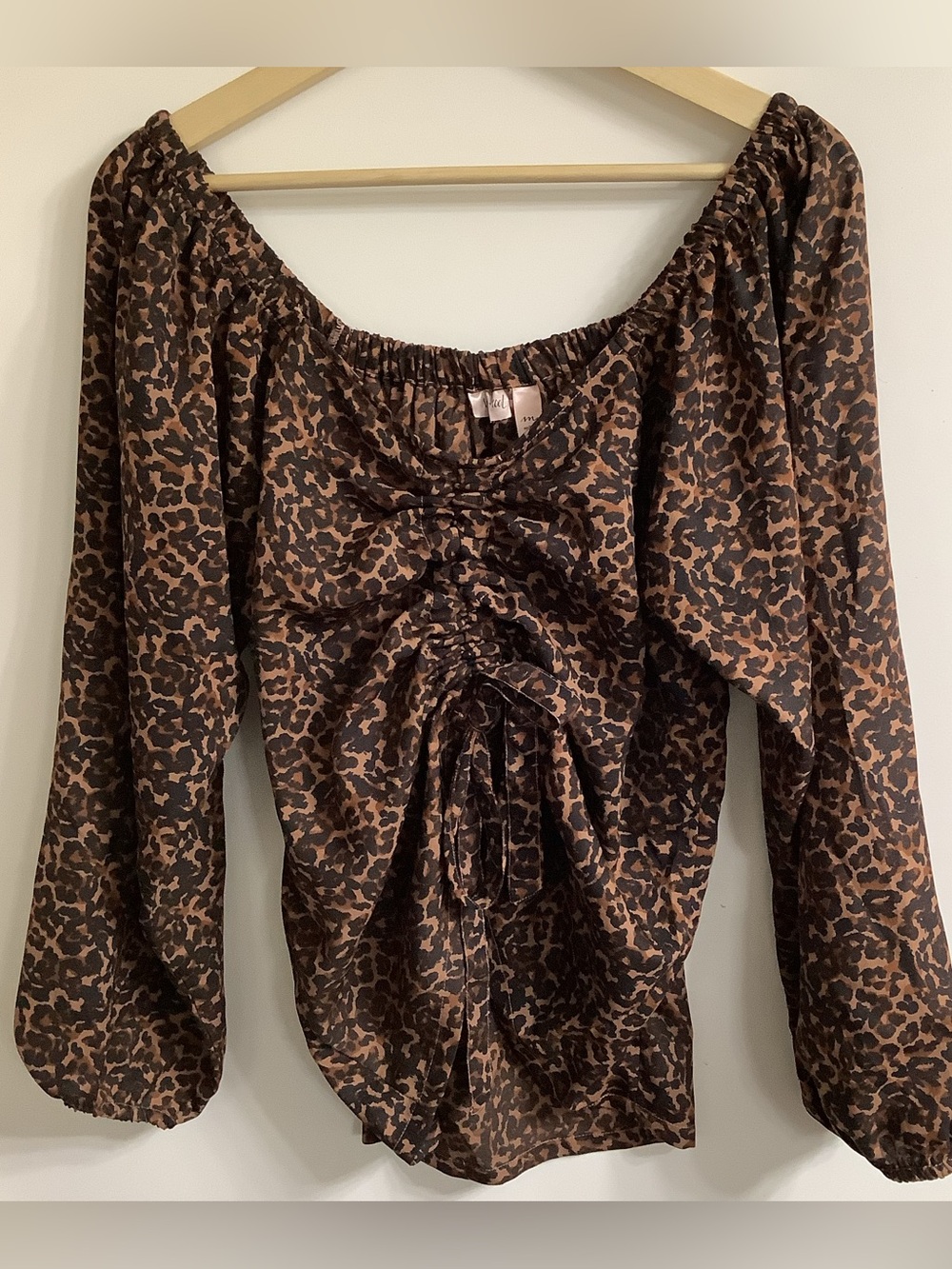 Willow & Root Leopard Print Ruched Drawstring Blouse Top Size M